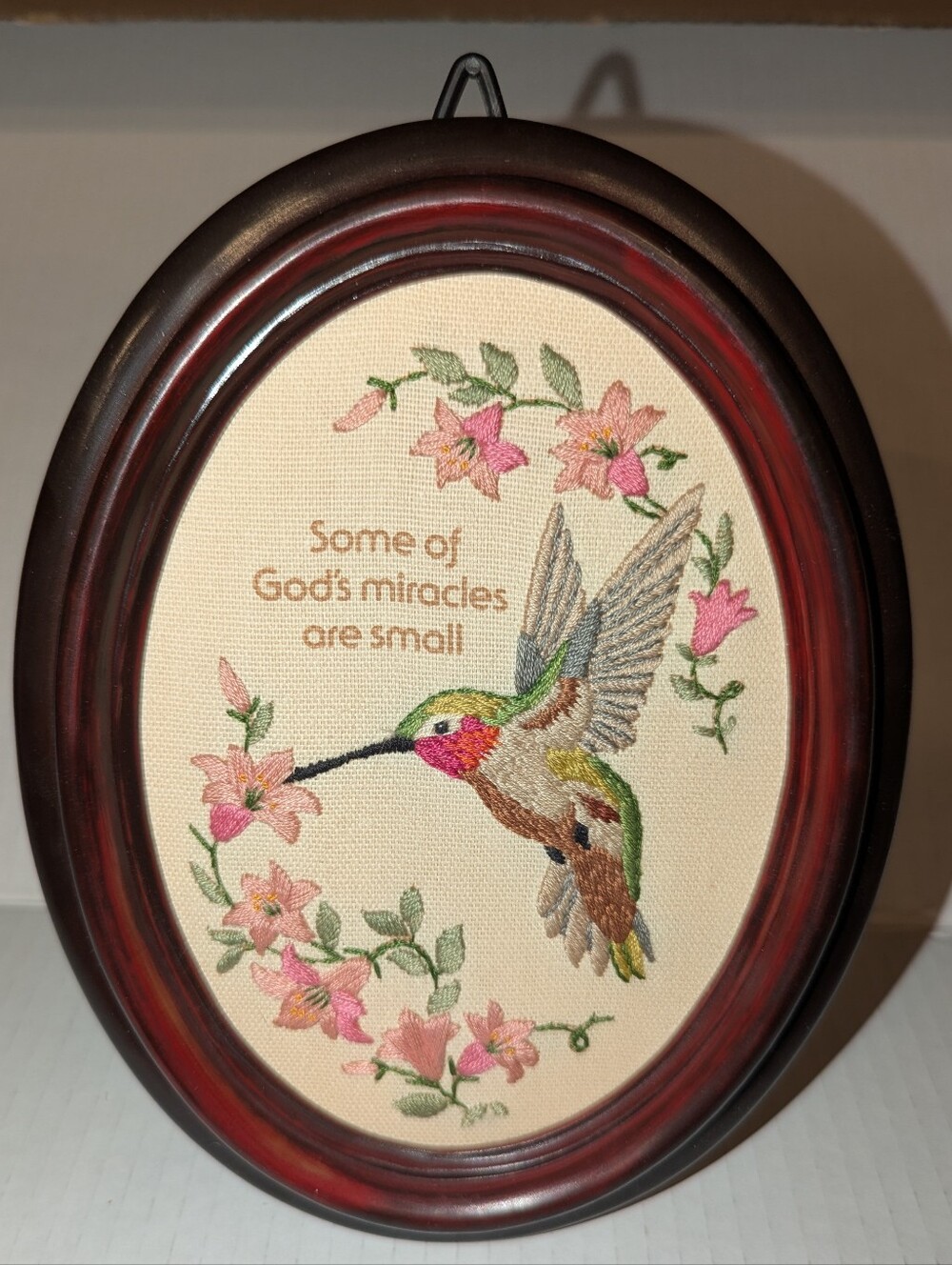 Vintage Framed Hummingbird Embroidery Art - Some of God's Miracles are Small